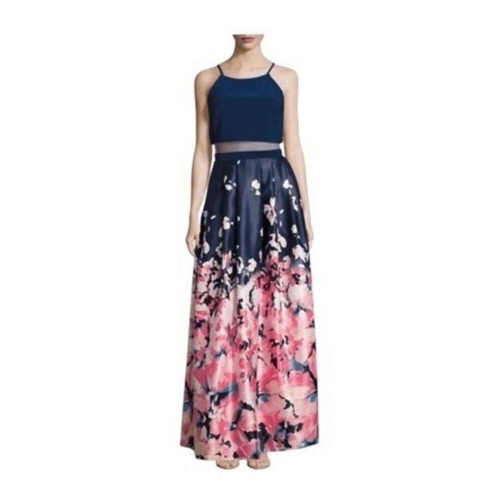 Betsy & Adam Floral Illusion Prom‎ Gown Maxi Dress Halter Navy Blue Pink 4